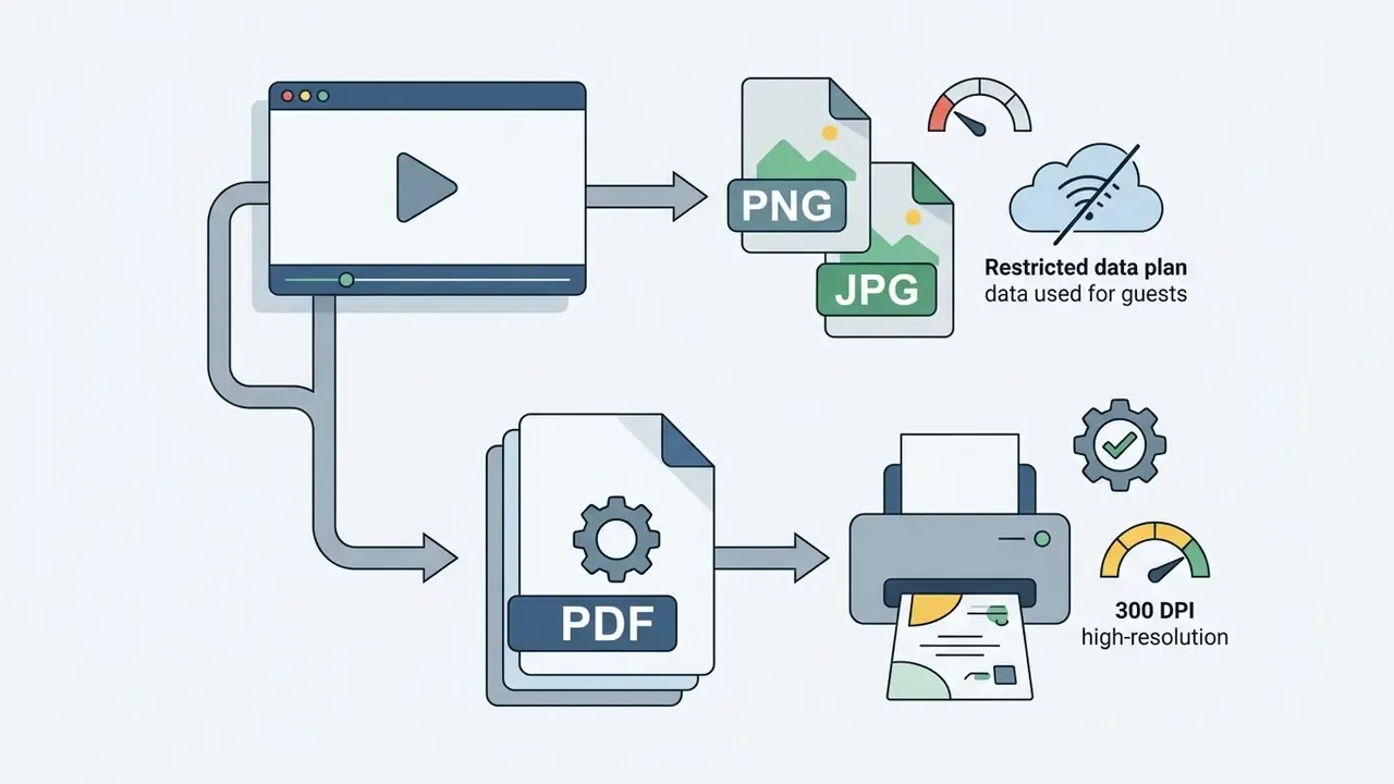 Video player exporting files to static image formats for data saving and PDF documents for printing