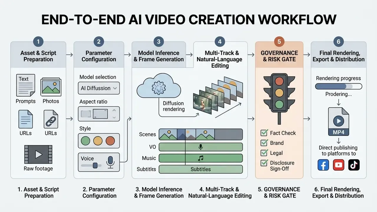 Six-step linear process chart detailing the stages of professional video production from input to export
