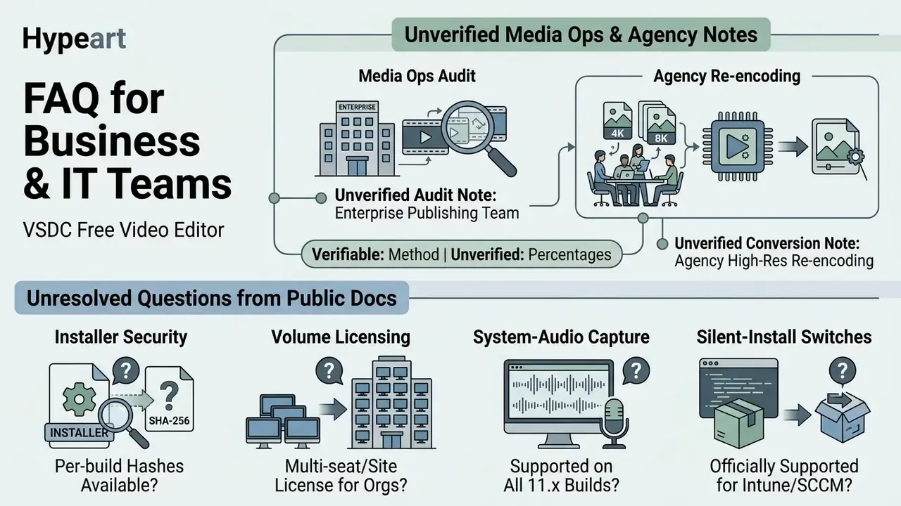 Infographic showing media audit notes and unresolved technical questions for enterprise software deployment