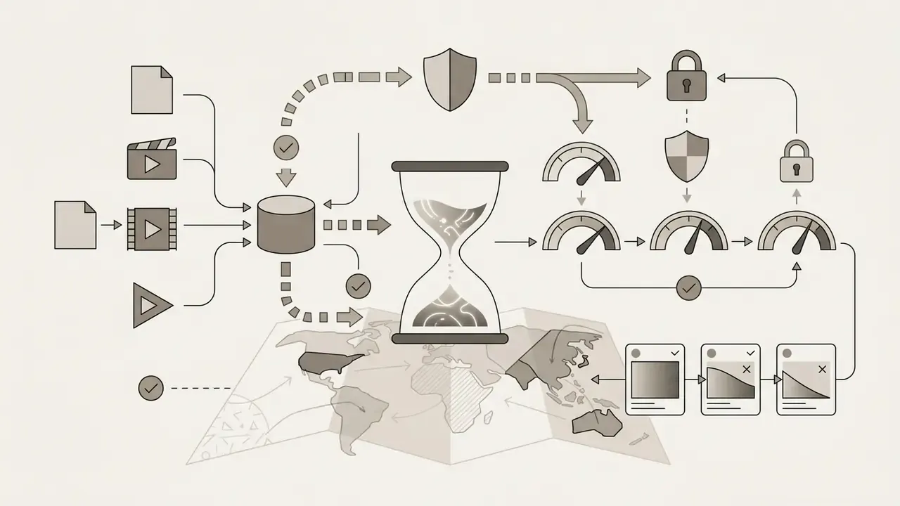 Data inputs flowing through a central hourglass and world map to security gauges and retention timelines