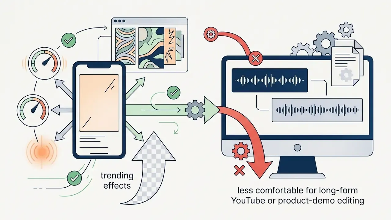 Diagram showing mobile video editing workflows transitioning to desktop environments for long-form content