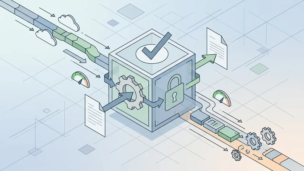 Document entering a locked processing cube with gears while set against a light blue grid background