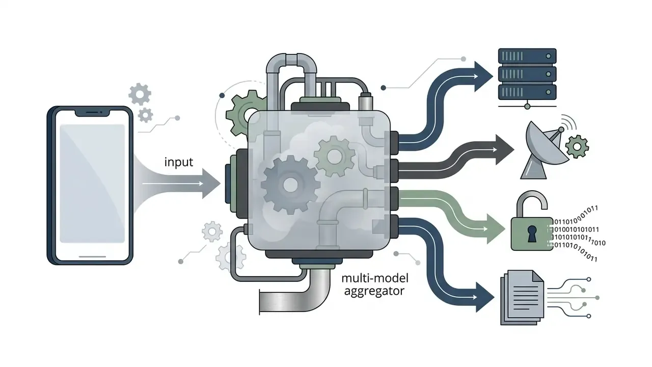 Smartphone data input flowing into a multi-model aggregator that routes information to various external servers