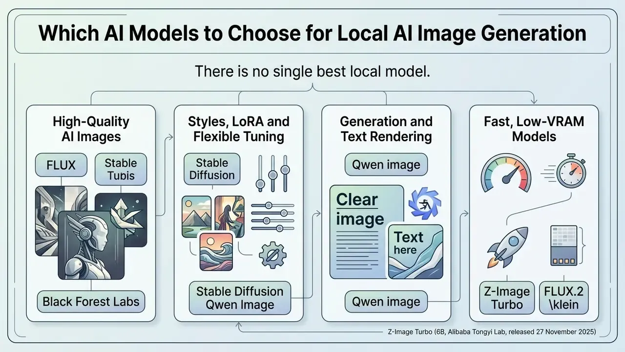 Comparison chart categorizing AI models by image quality, style tuning, text rendering, and speed