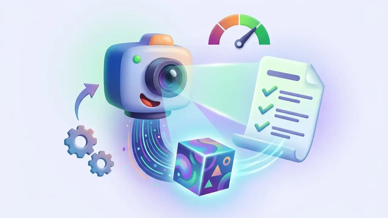 3D camera scanning a document and processing data into a colorful geometric cube