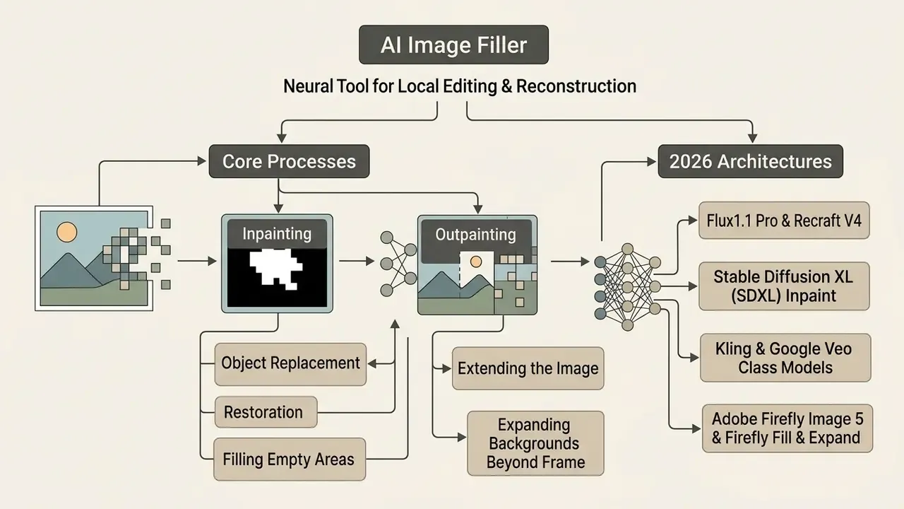 Flowchart detailing AI image filler processes like inpainting and outpainting alongside 2026 architectures