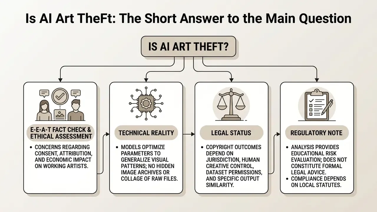 Flowchart breaking down ethical, technical, legal, and regulatory perspectives on AI art generation