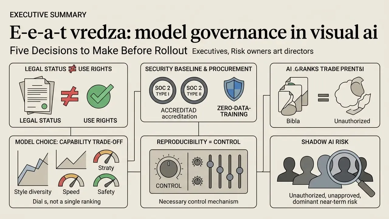 Infographic outlining five key governance decisions for enterprise AI art app implementation