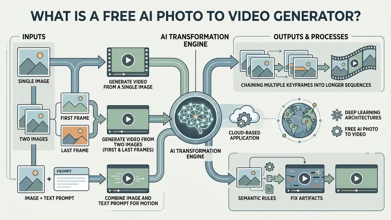 Infographic showing how a free AI photo to video generator transforms static images into dynamic sequences