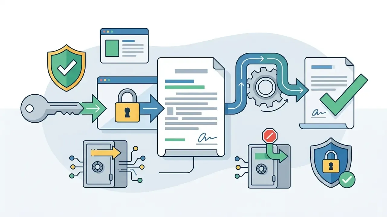 Key and locked browser window directing a contract document through gears to a signed and approved file