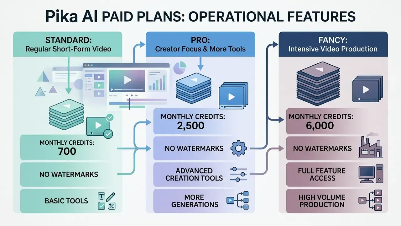 Comparison of Pika AI paid plans showing credit pools and feature sets for Standard, Pro, and Fancy tiers