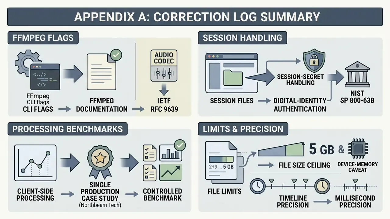 Four panels detailing technical corrections regarding FFmpeg, session security, benchmarks, and file limits