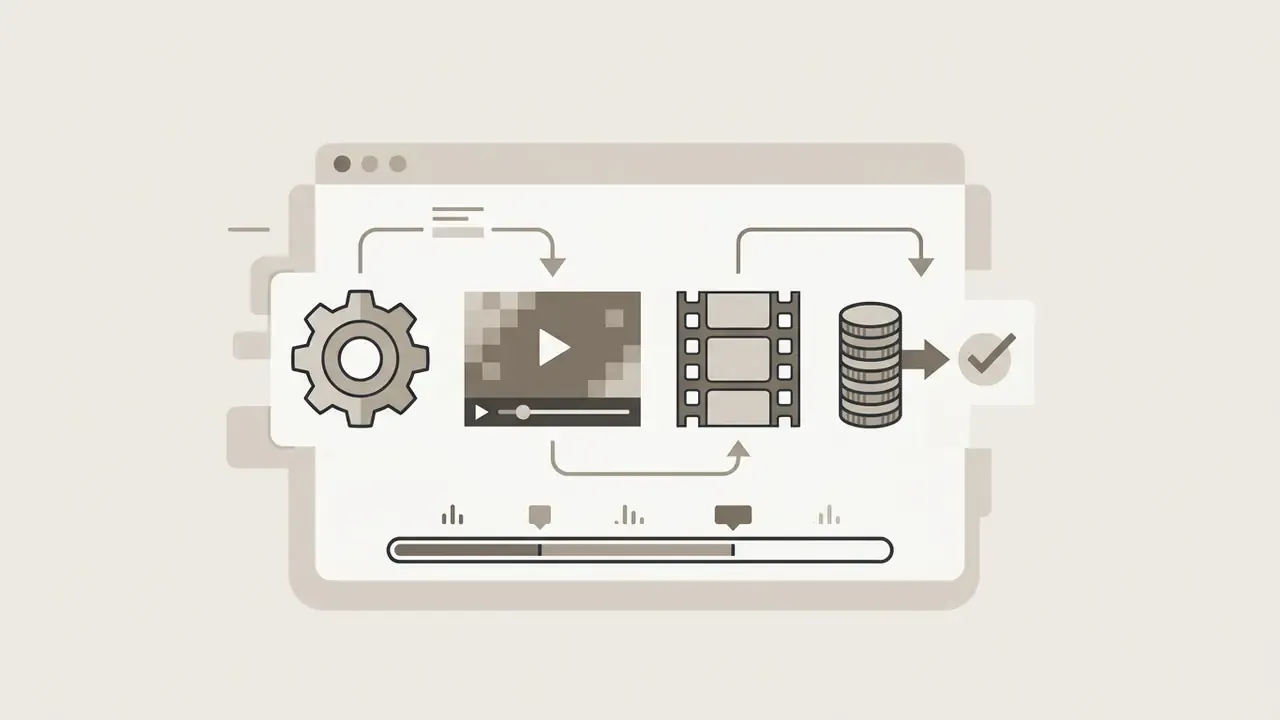 Gear icon connecting to video and film strip symbols that lead to a coin stack and a checkmark