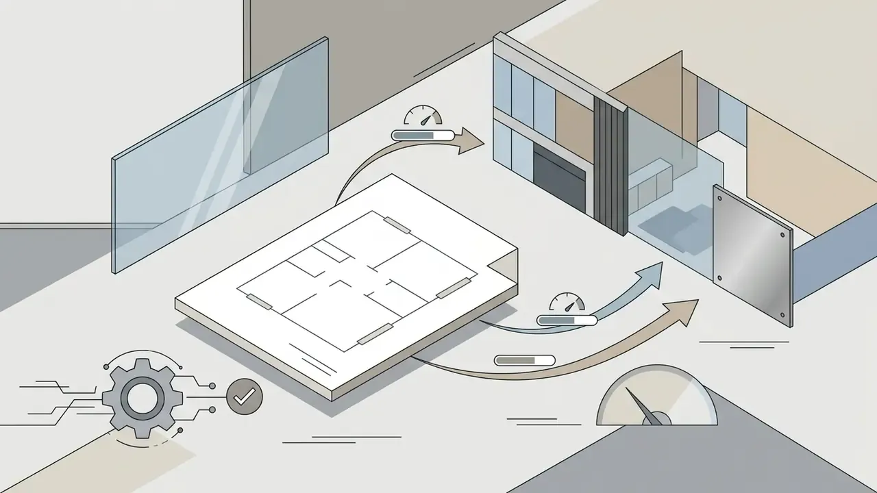 Graphical representation of a floor plan being transformed into a 3D building model with progress indicators