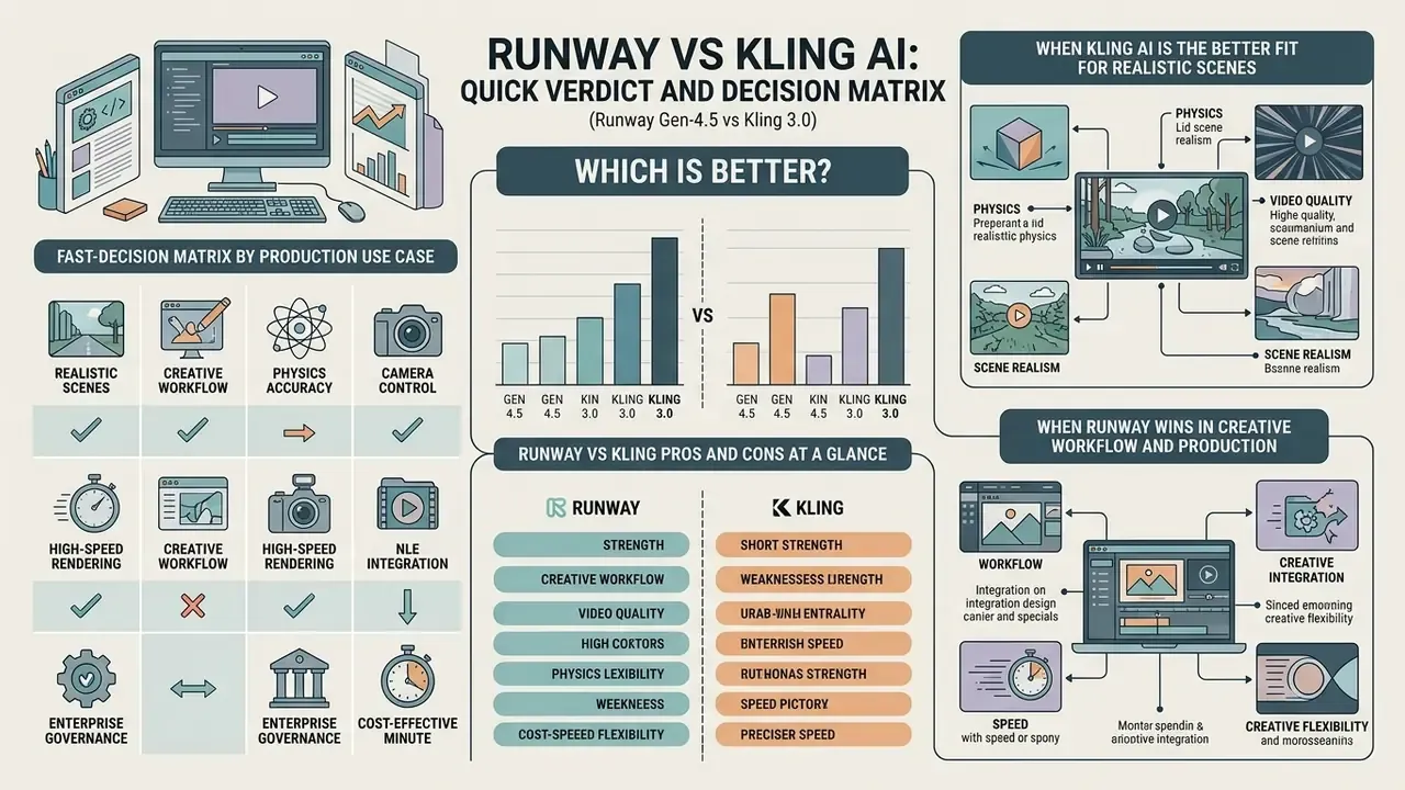 Infographic comparing Runway and Kling AI through a decision matrix, pros and cons, and use case examples