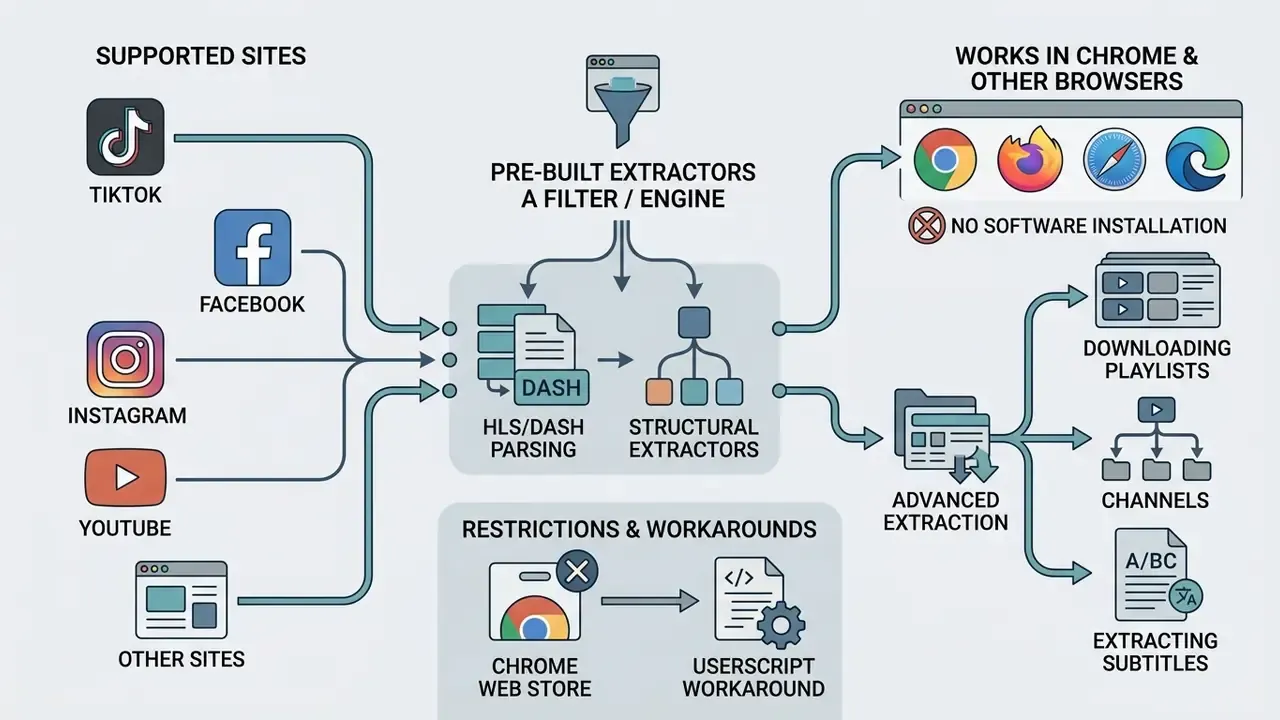 Diagram showing how media extractors process URLs from social platforms into downloadable file formats