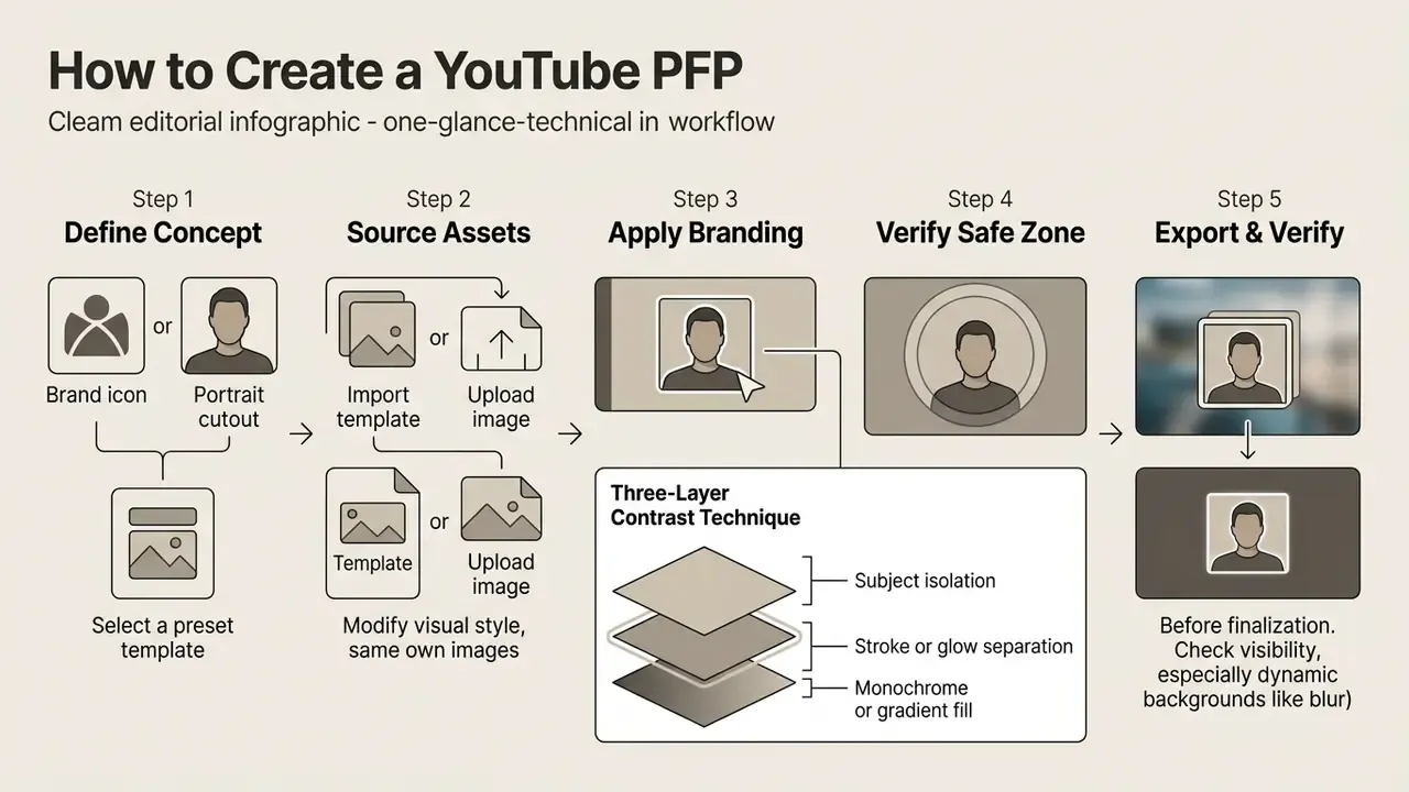 Five-step process diagram illustrating asset selection, branding adjustments, and final export checks