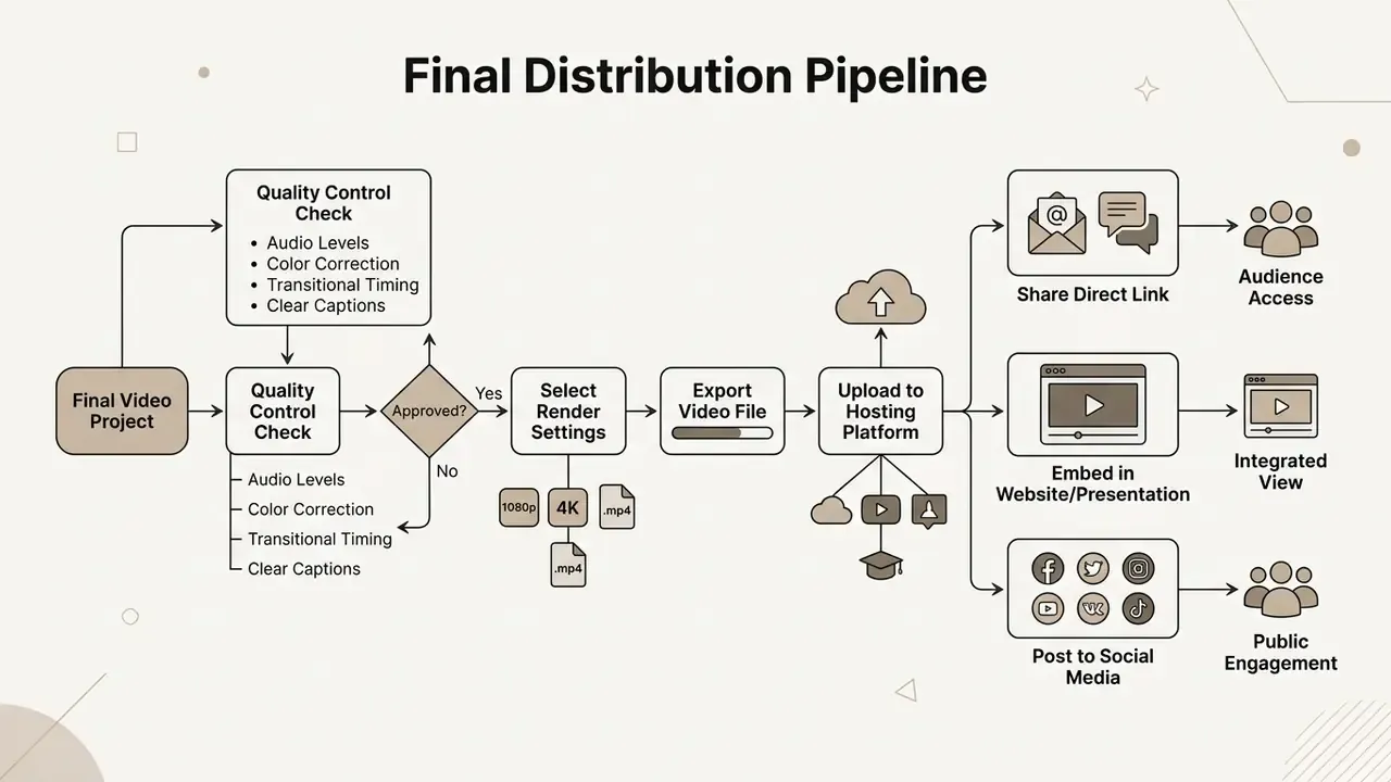 Flowchart showing the steps from quality control and rendering to cross-platform video distribution