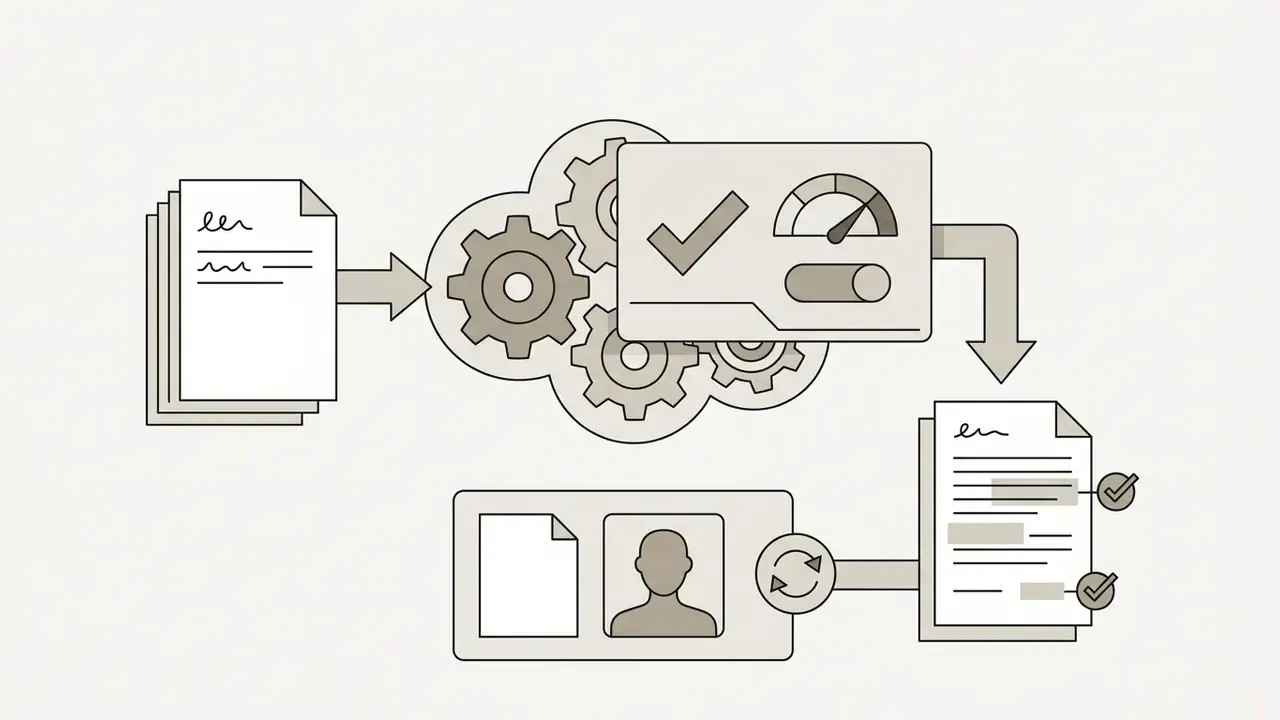 Stack of documents processed by gears into a report with checkmarks and a user profile identification icon