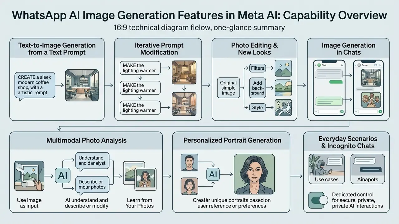 Flowchart outlining WhatsApp AI image generation features including text prompts, photo editing, and portraits