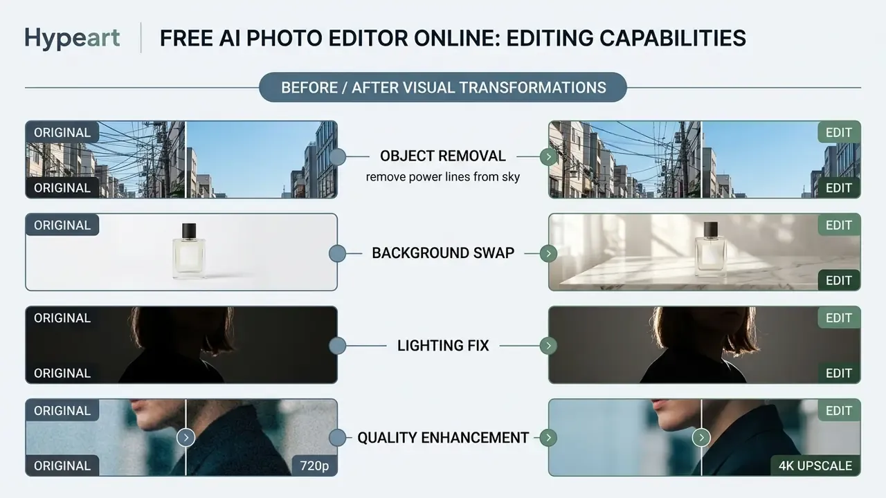 Four side-by-side comparisons showing object removal, background swaps, lighting fixes, and image upscaling