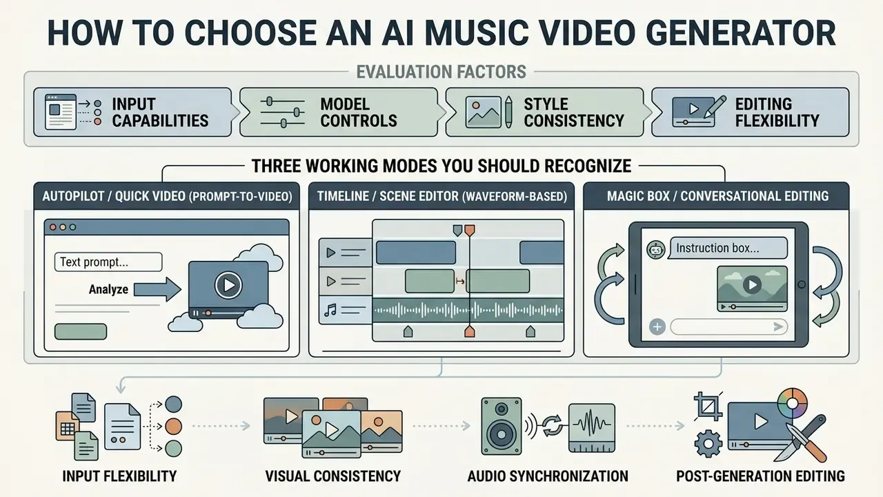 Diagram outlining evaluation factors and three primary working modes for an AI music video generator