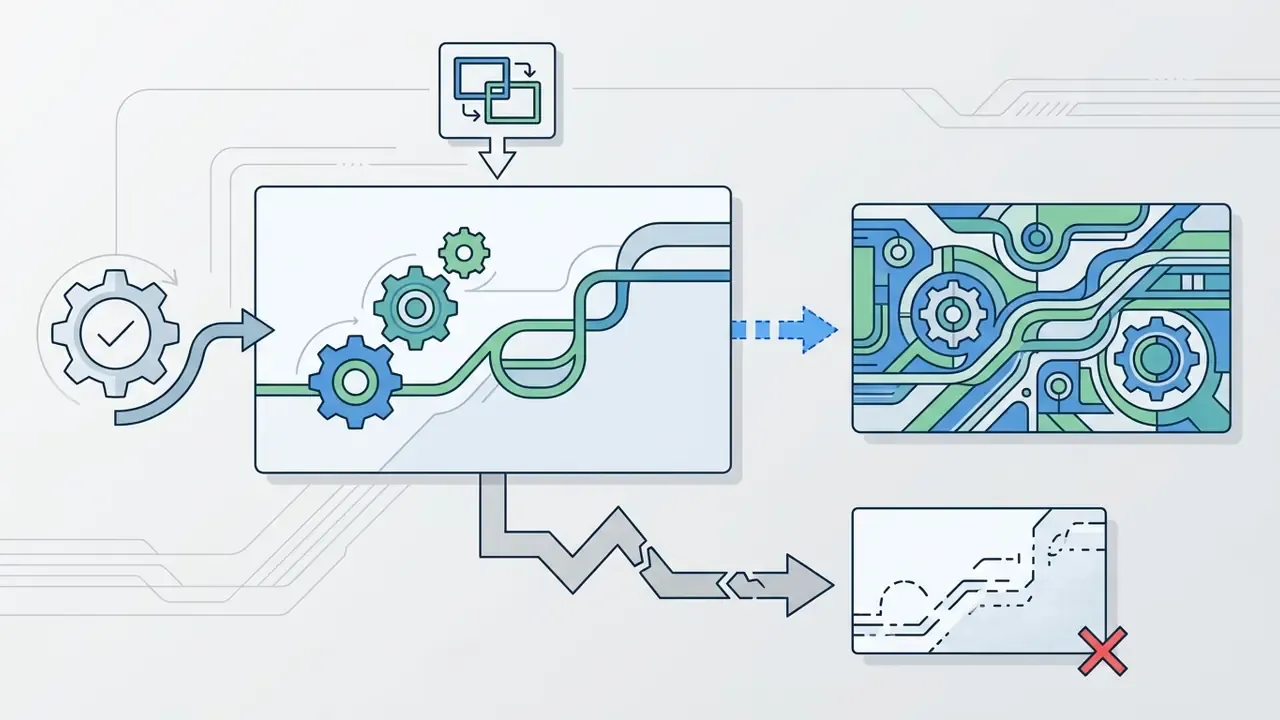 Input gear and aspect ratio icons feeding a central processor that splits into successful and broken paths