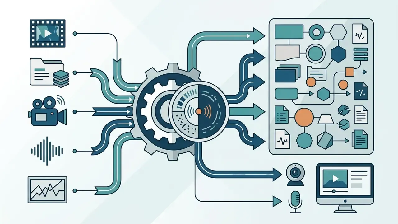 Various media inputs feeding into a central gear engine that processes data into multiple file formats