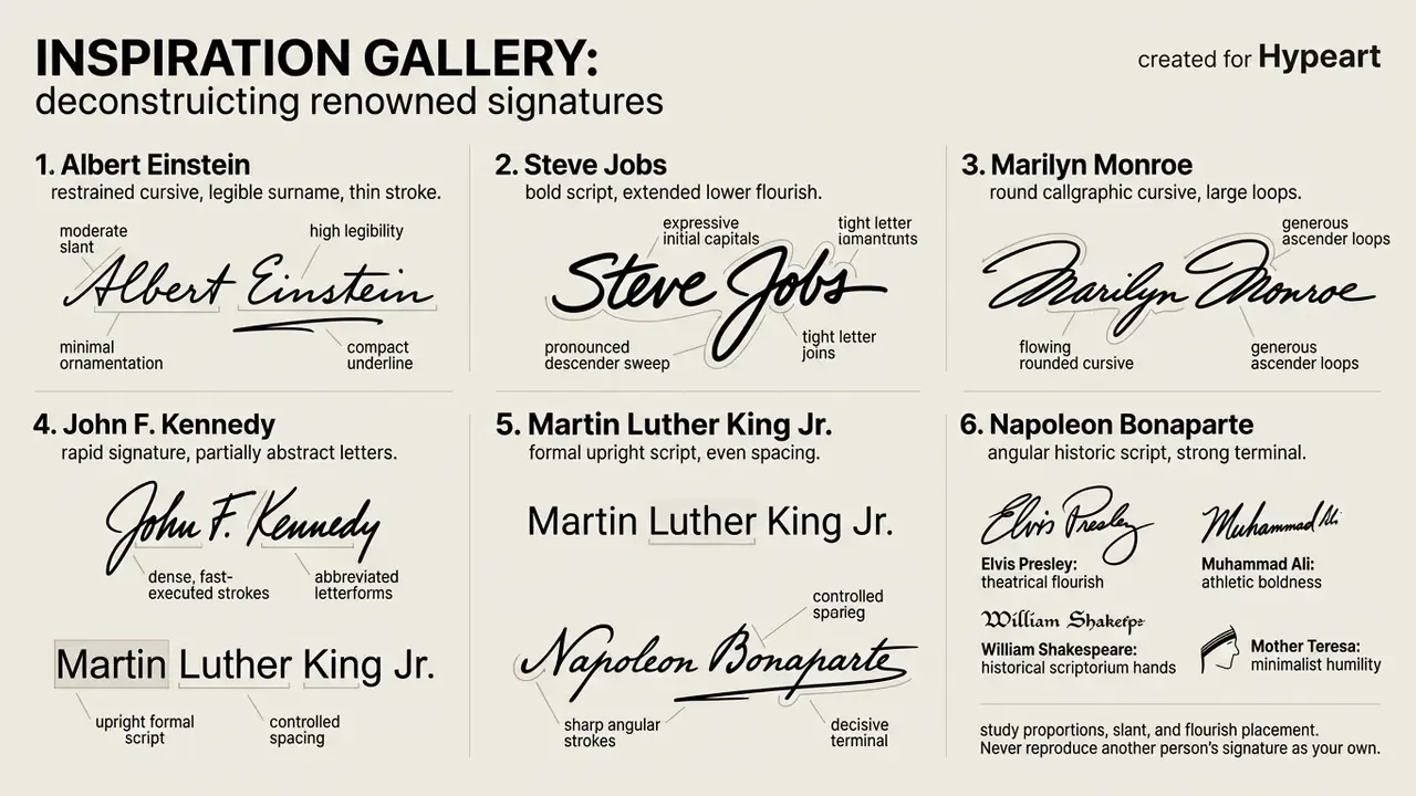 Grid of six famous signatures with annotations highlighting specific calligraphic traits and design styles