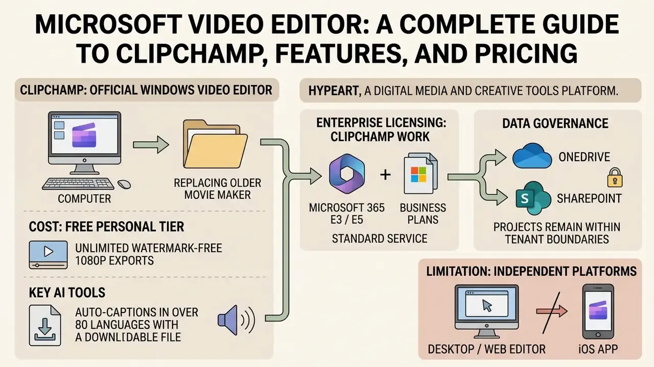 Infographic detailing Clipchamp features, enterprise licensing, data governance, and platform limitations