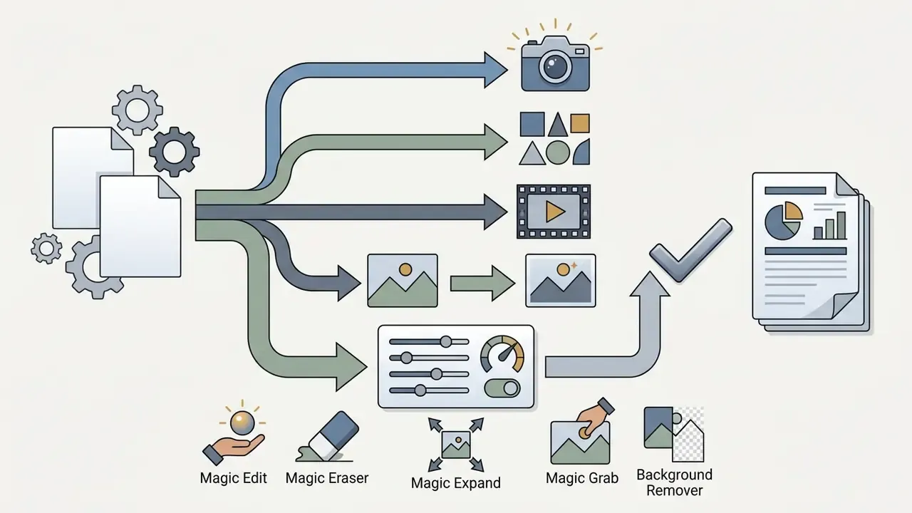Arrows branching from a central document icon toward various media types and editing tool icons