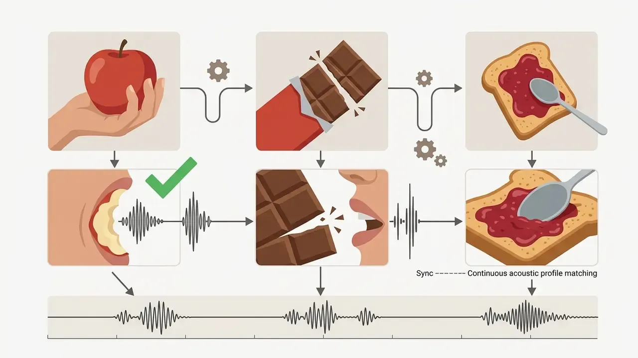 Diagram showing food items paired with mouth movements and corresponding audio waveforms for synchronization