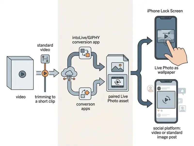 Diagram showing how video files are trimmed and converted into Live Photo assets for screen use