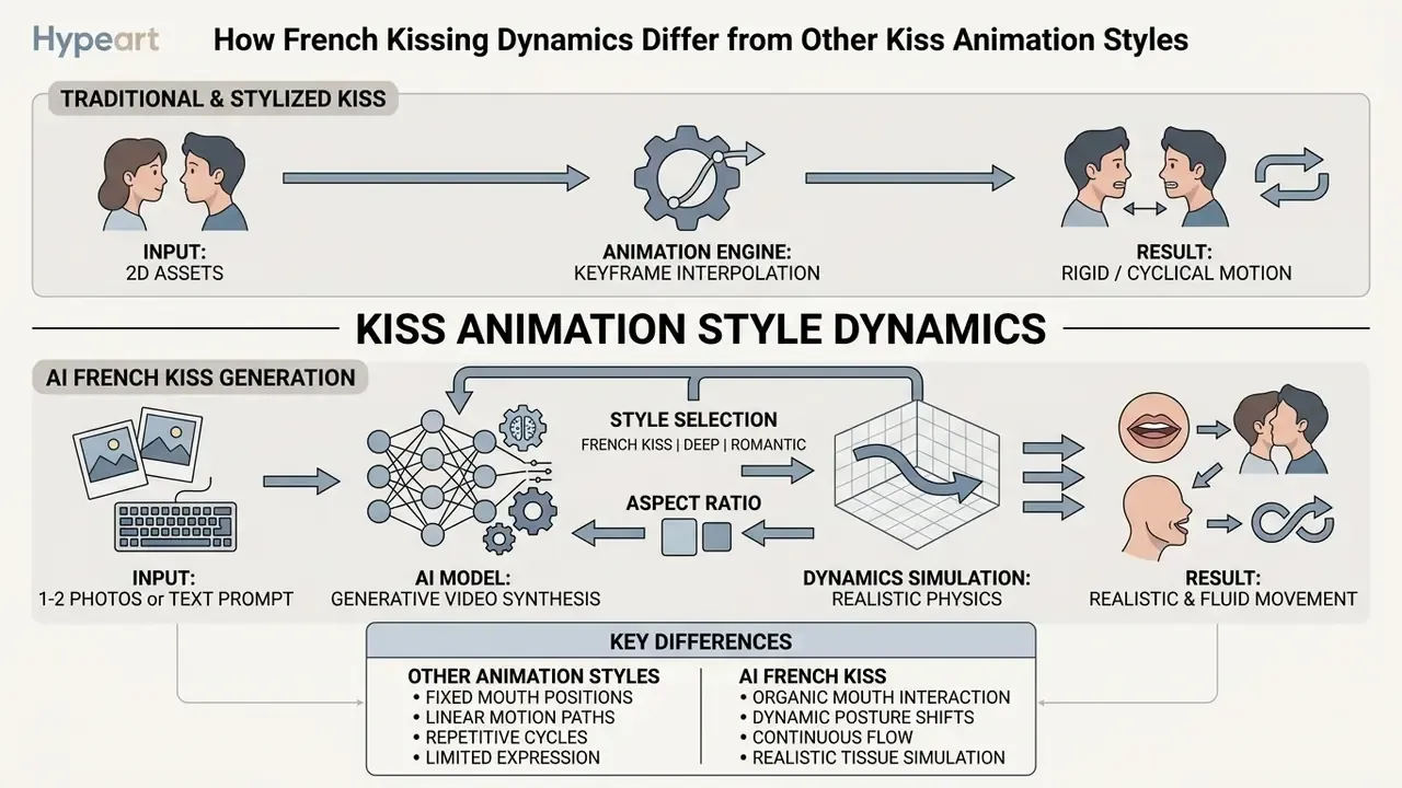 Comparative diagram contrasting traditional animation methods with an AI French kiss generator process