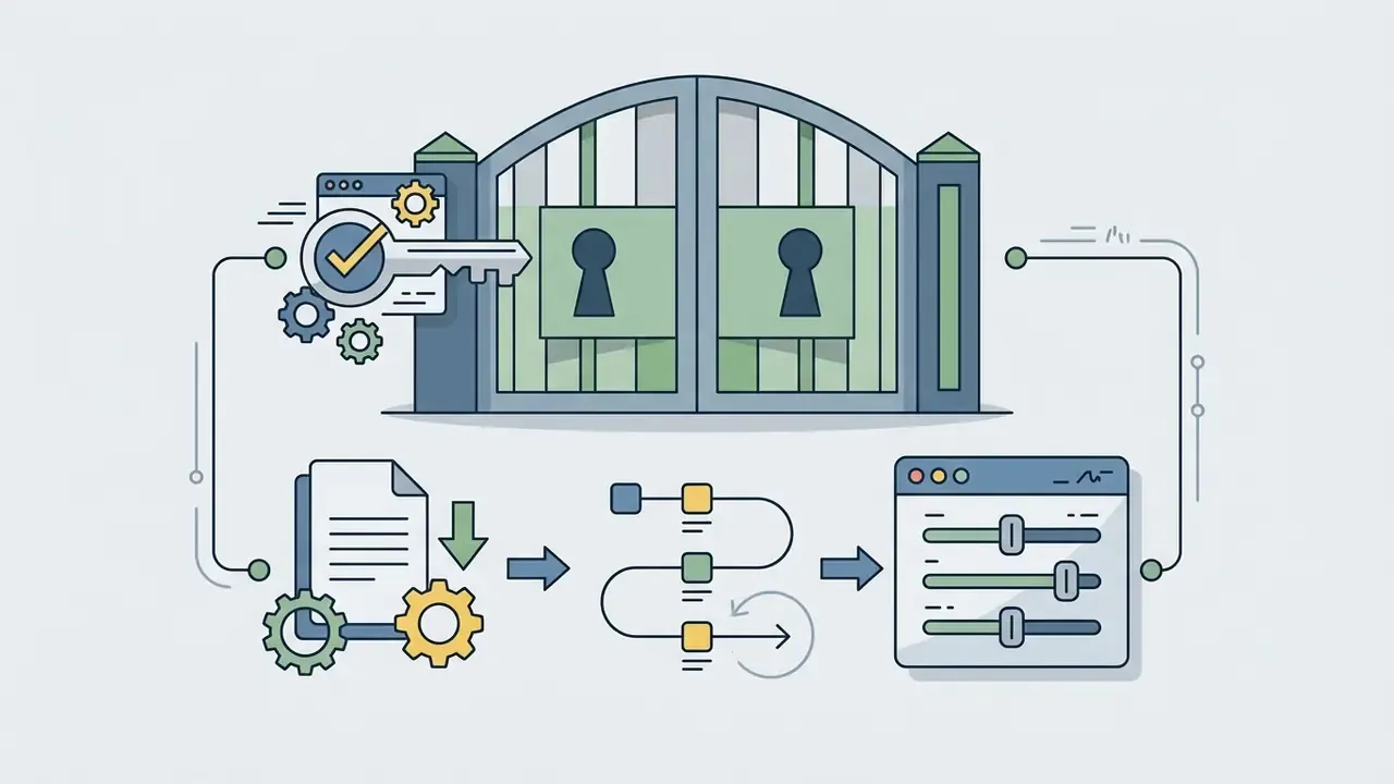 Key unlocking a gate followed by file processing icons and a settings panel with adjustment sliders