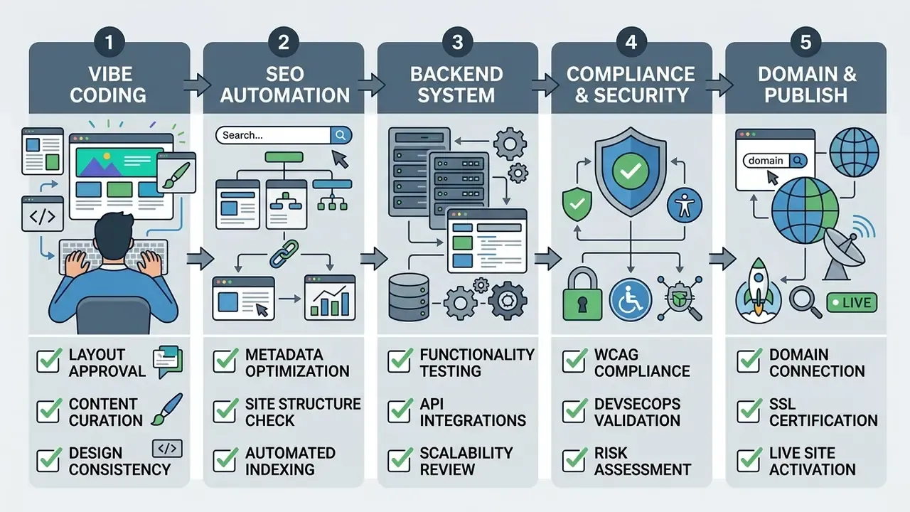 Five-step workflow process showing technical tasks and checklists for website development and publication
