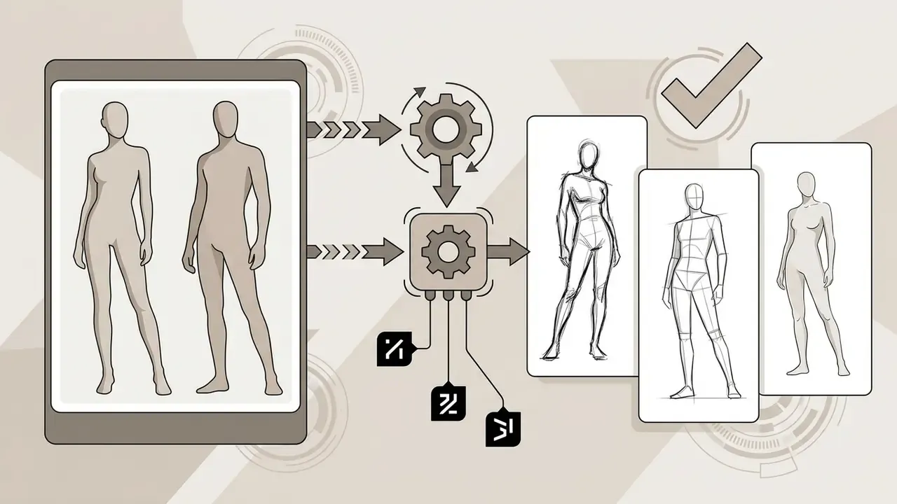 Human figures processed through a gear mechanism to generate various figure sketch style outputs