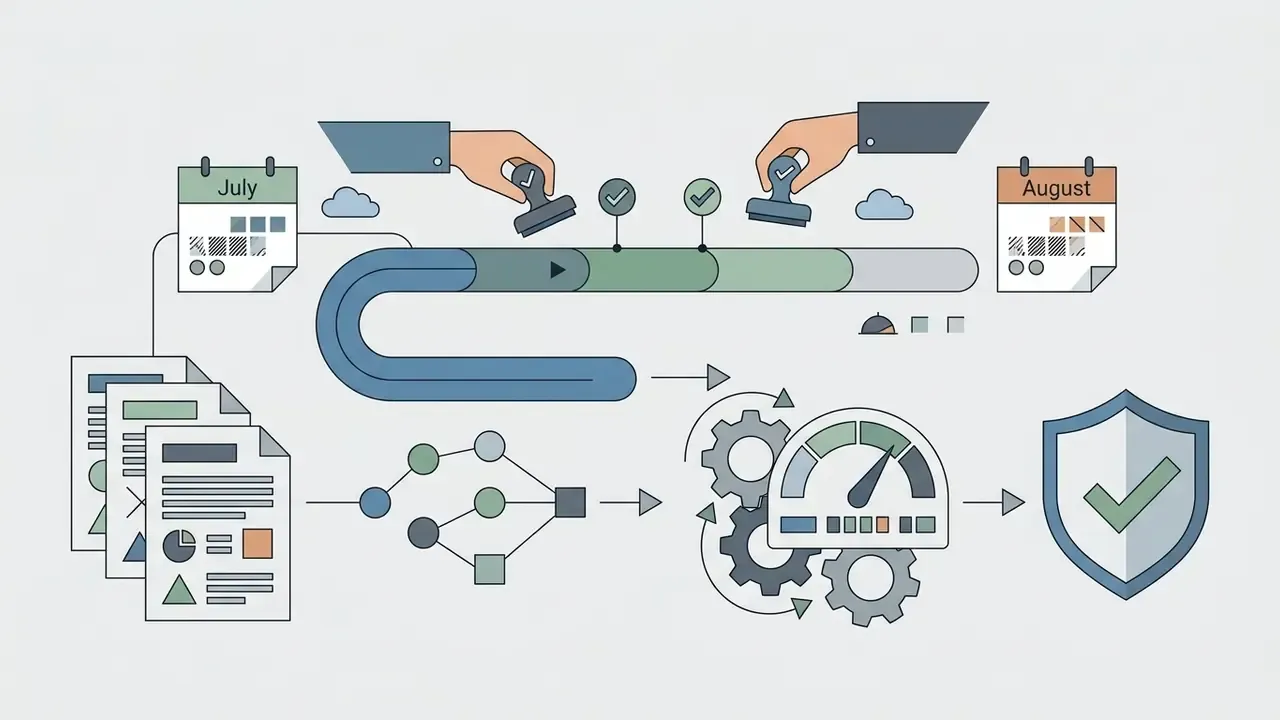 Hands stamping a timeline between July and August leading to processed documents and a verified shield icon