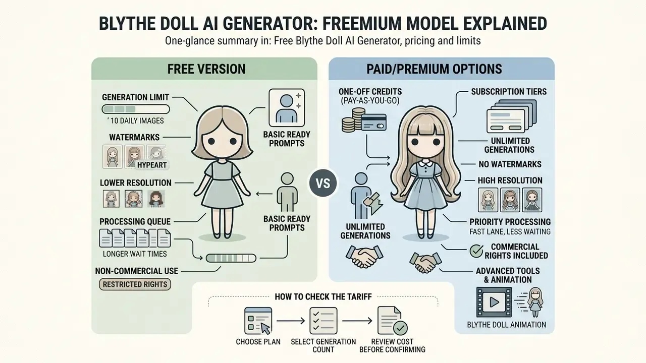 Comparison chart contrasting features, limits, and costs between free and paid doll generation services