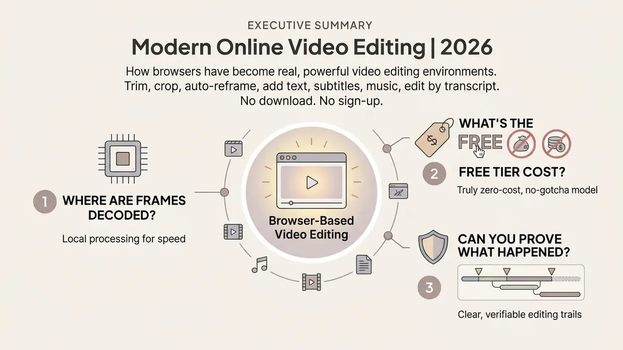 Infographic showing three key considerations for choosing tools to edit videos online free
