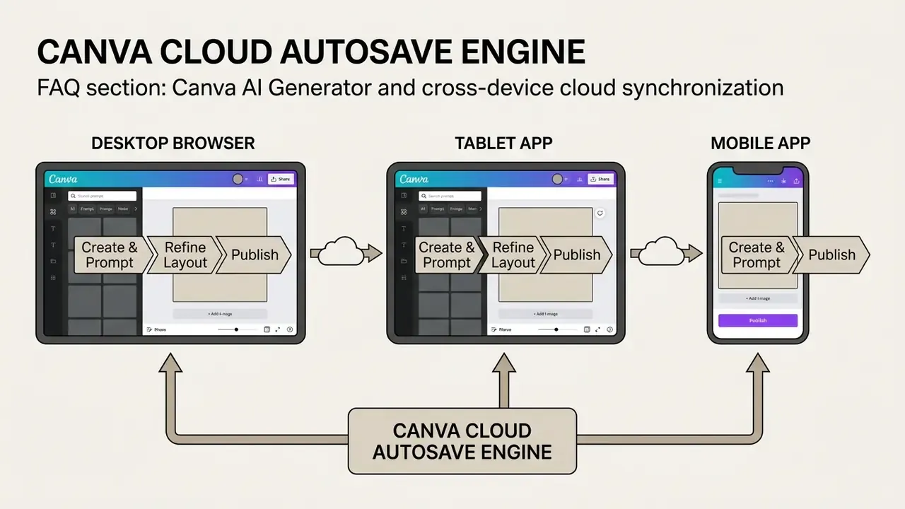 Diagram showing cross-device cloud synchronization for the Canva AI generator across three platforms