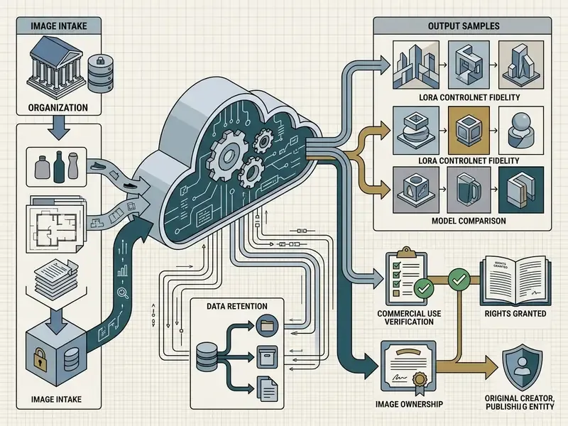 Diagram showing organization data flowing into a cloud processor for AI generation and ownership tracking