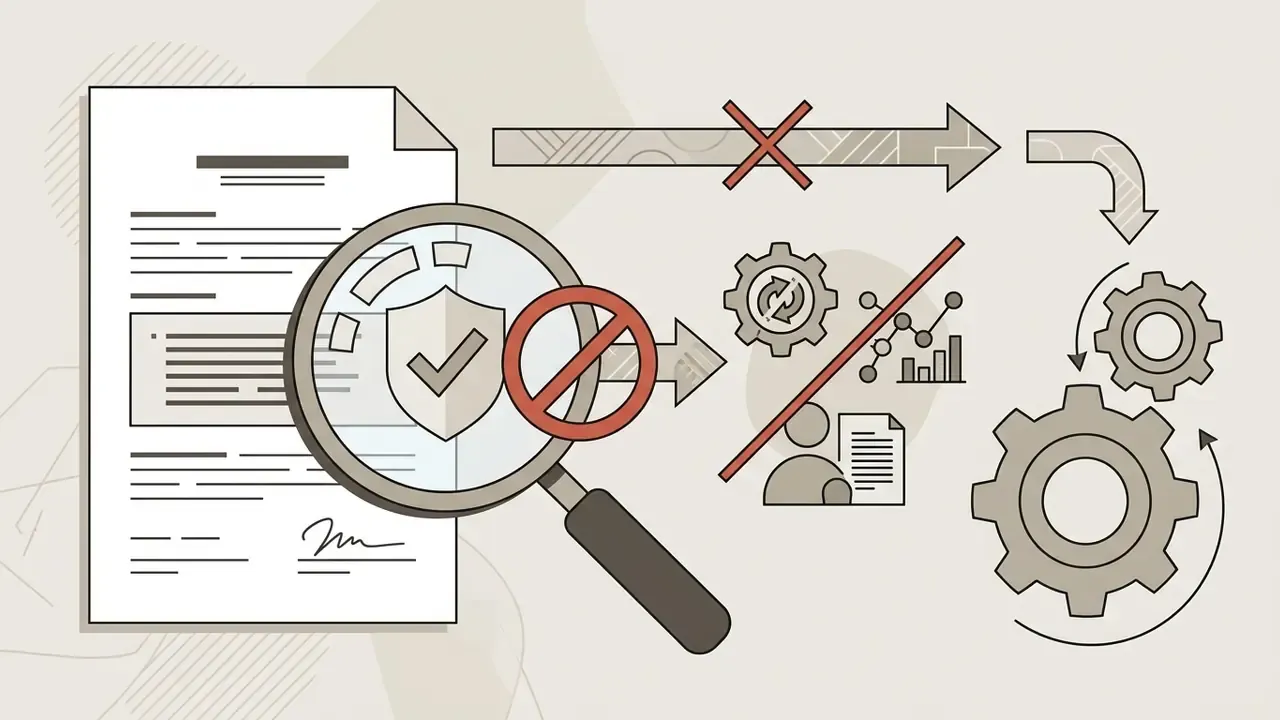 Magnifying glass over a contract with a shield icon and prohibition symbol blocking data processing gears