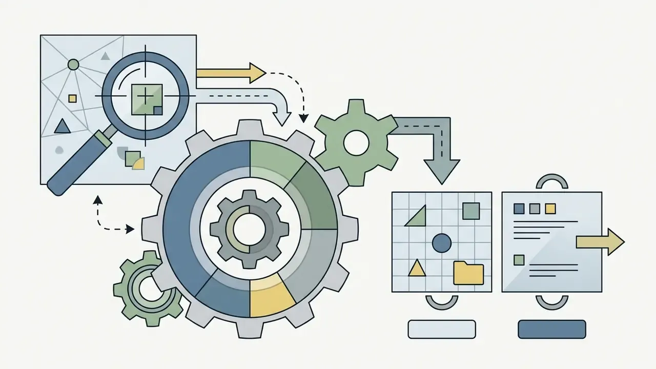 Magnifying glass examining grid data flowing through interconnected gears to generate and export files