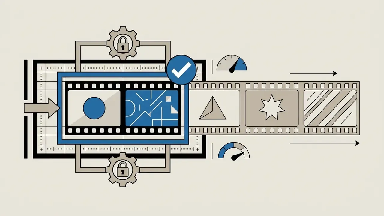 Film strip locked by gears and a checkmark icon moving past gauges to represent controlled frame timing