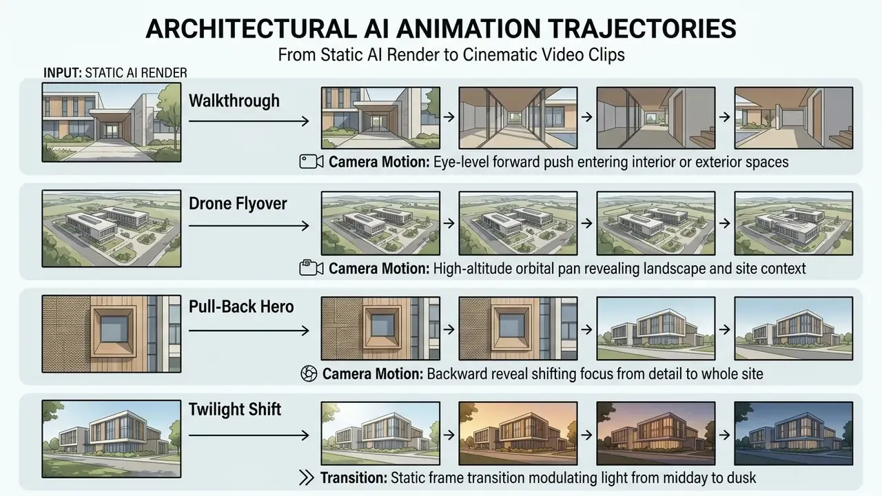 Four rows showing camera trajectories for architectural animations including walkthroughs and drone pans