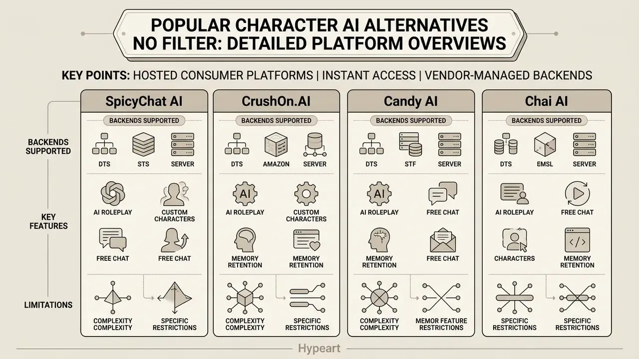 Infographic comparing features and limitations of popular Character AI alternatives no filter platforms