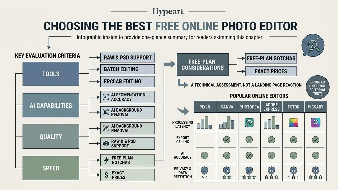 Infographic detailing evaluation criteria and a comparison table for popular online photo editor tools