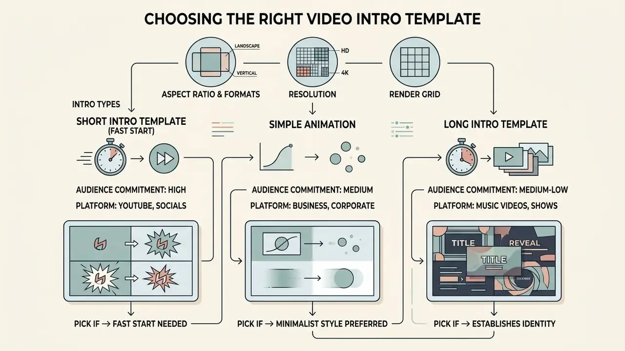 Diagram comparing short, simple, and long intro templates based on audience commitment and platforms
