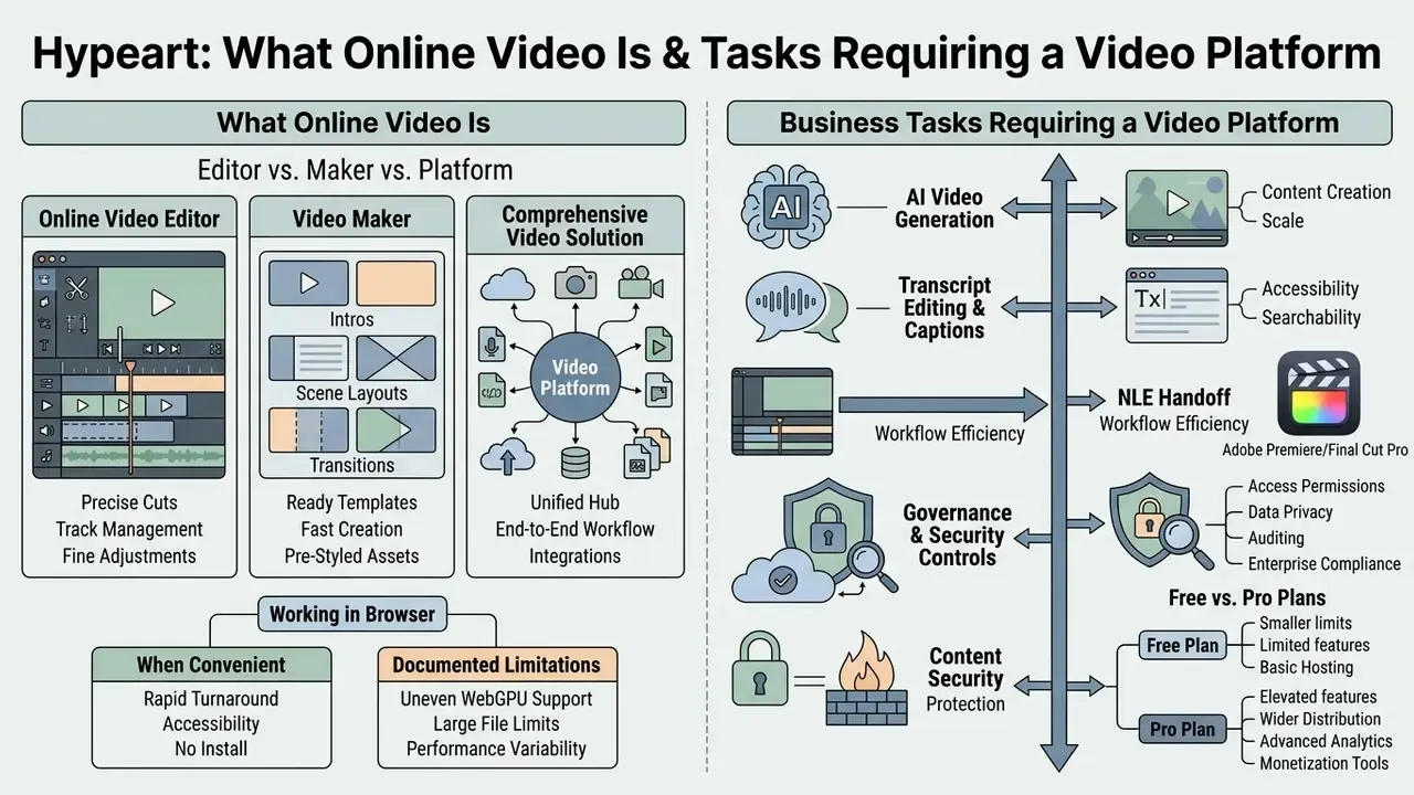 Infographic comparing online video tools and detailing business requirements for a video platform